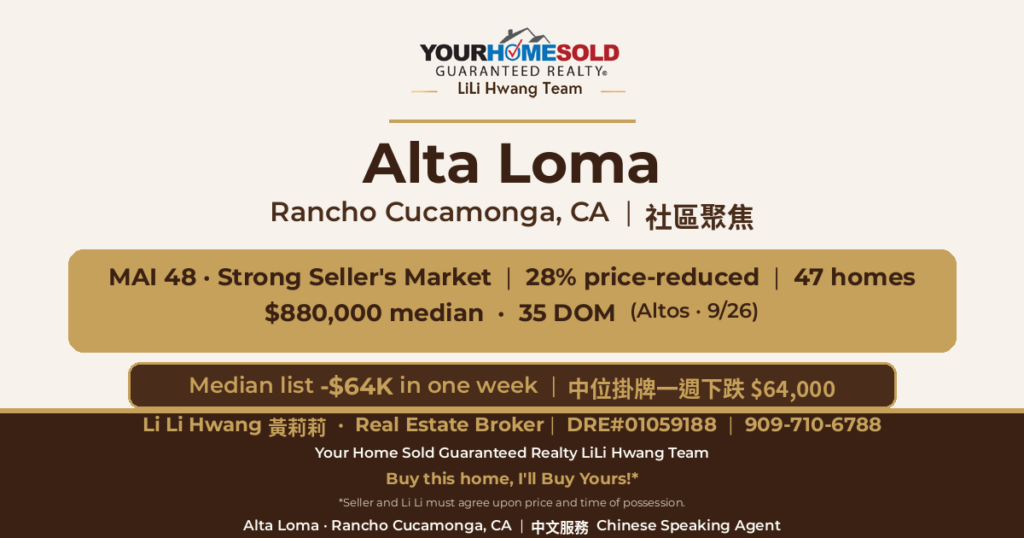 Community spotlight: Alta Loma, Rancho Cucamonga CA 91701 — market snapshot by Li Li Hwang 黃莉莉, Chinese Speaking Agent — DRE#01059188, 909-710-6788.