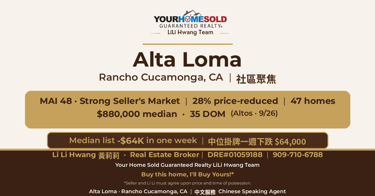 Community spotlight: Alta Loma, Rancho Cucamonga CA 91701 — market snapshot by Li Li Hwang 黃莉莉, Chinese Speaking Agent — DRE#01059188, 909-710-6788.