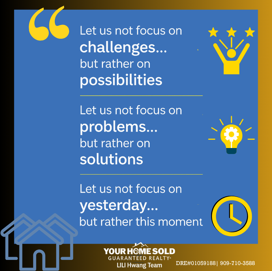 Real estate inspiration graphic highlighting possibilities, solutions, and living in the moment – May 2025 market with LiLi Hwang Team.